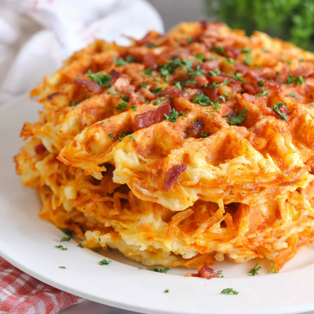 A plate of bacon and cheese loaded hashbrown waffles.