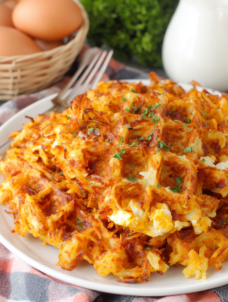 A plate of food with a fork and a basket of eggs.