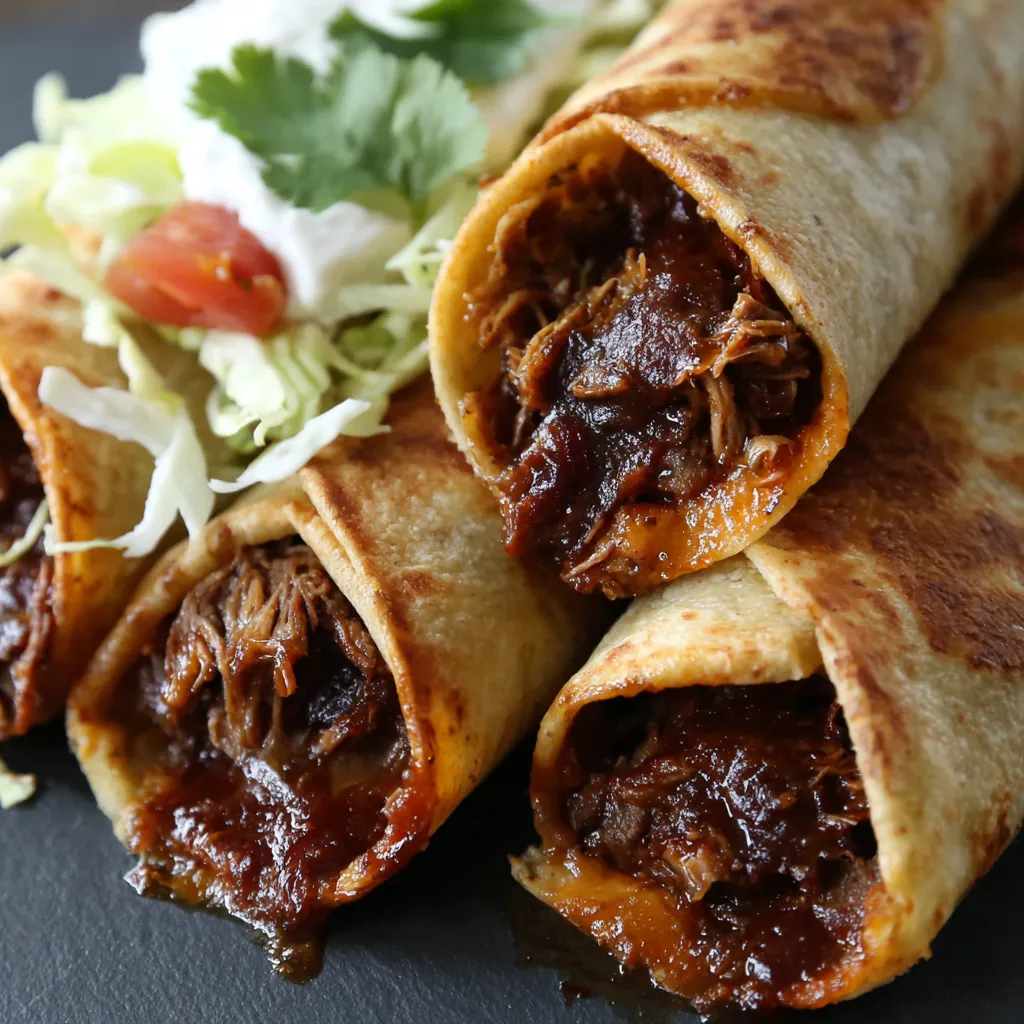 Plate of flavorful shredded beef inside a tortilla.