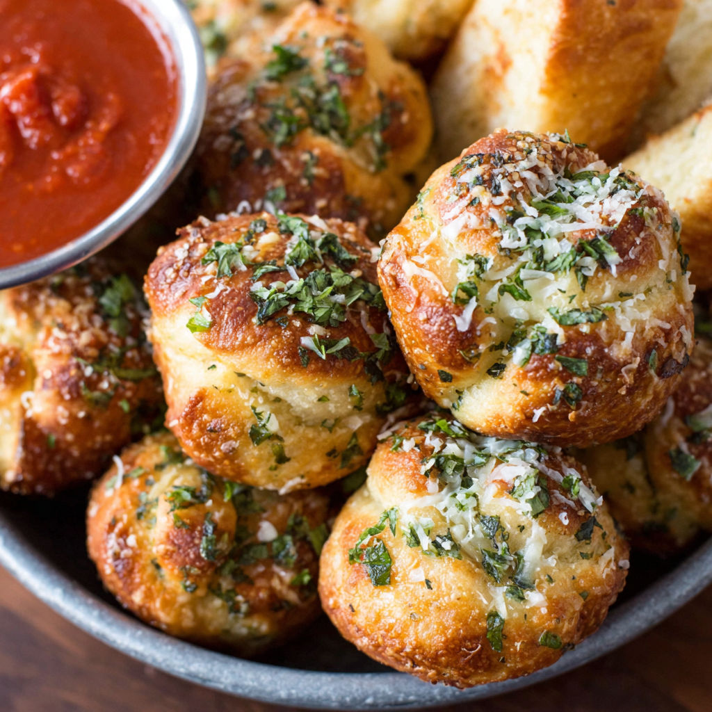 A bowl of garlic knots with sauce.