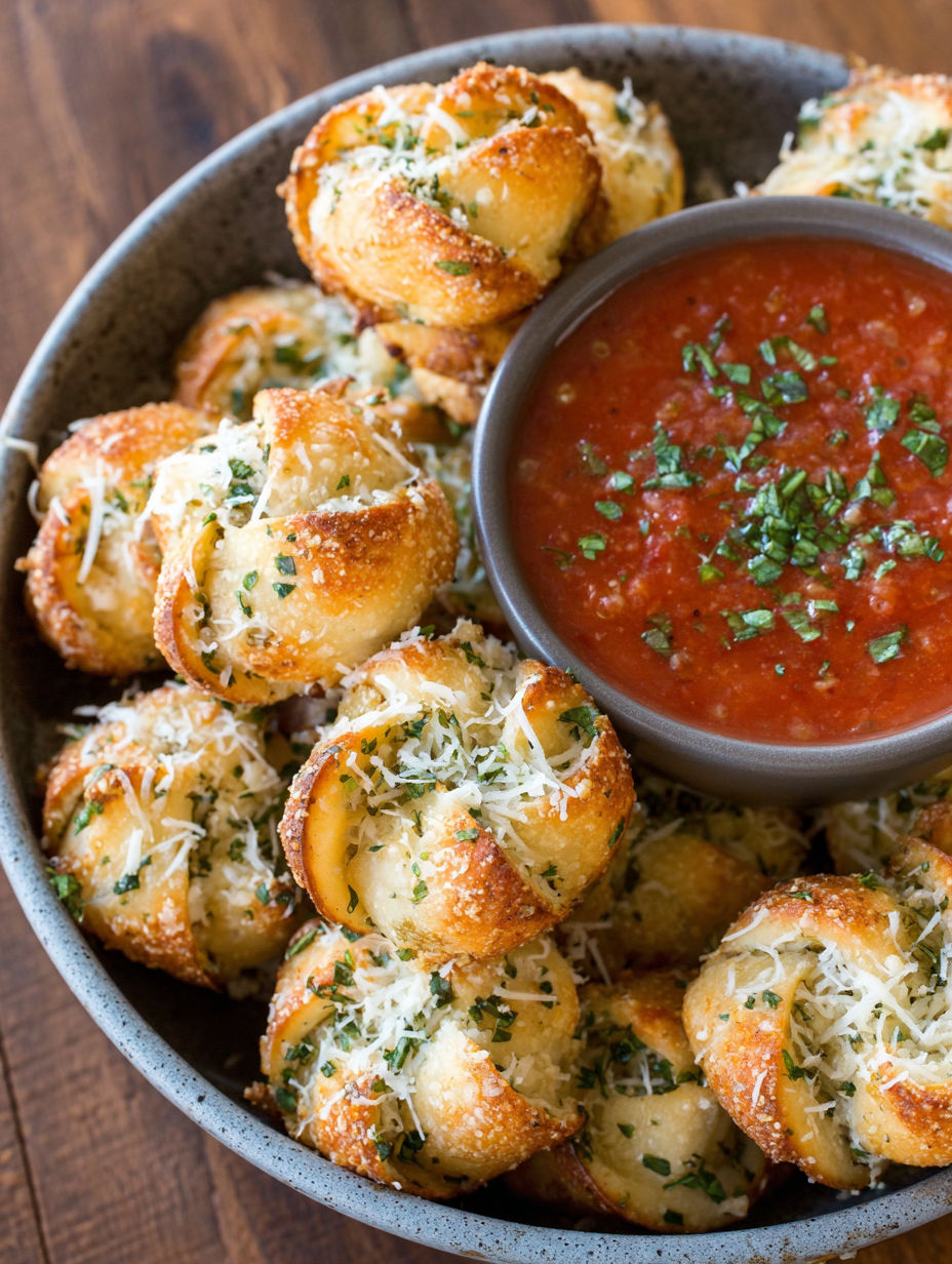 A bowl of cheese-stuffed breadsticks with a bowl of marinara sauce.