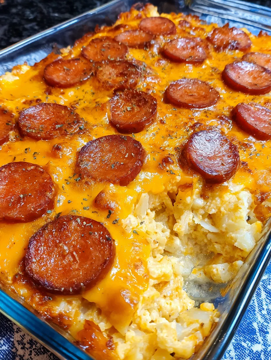 A baked dish topped with sausage and cheddar.