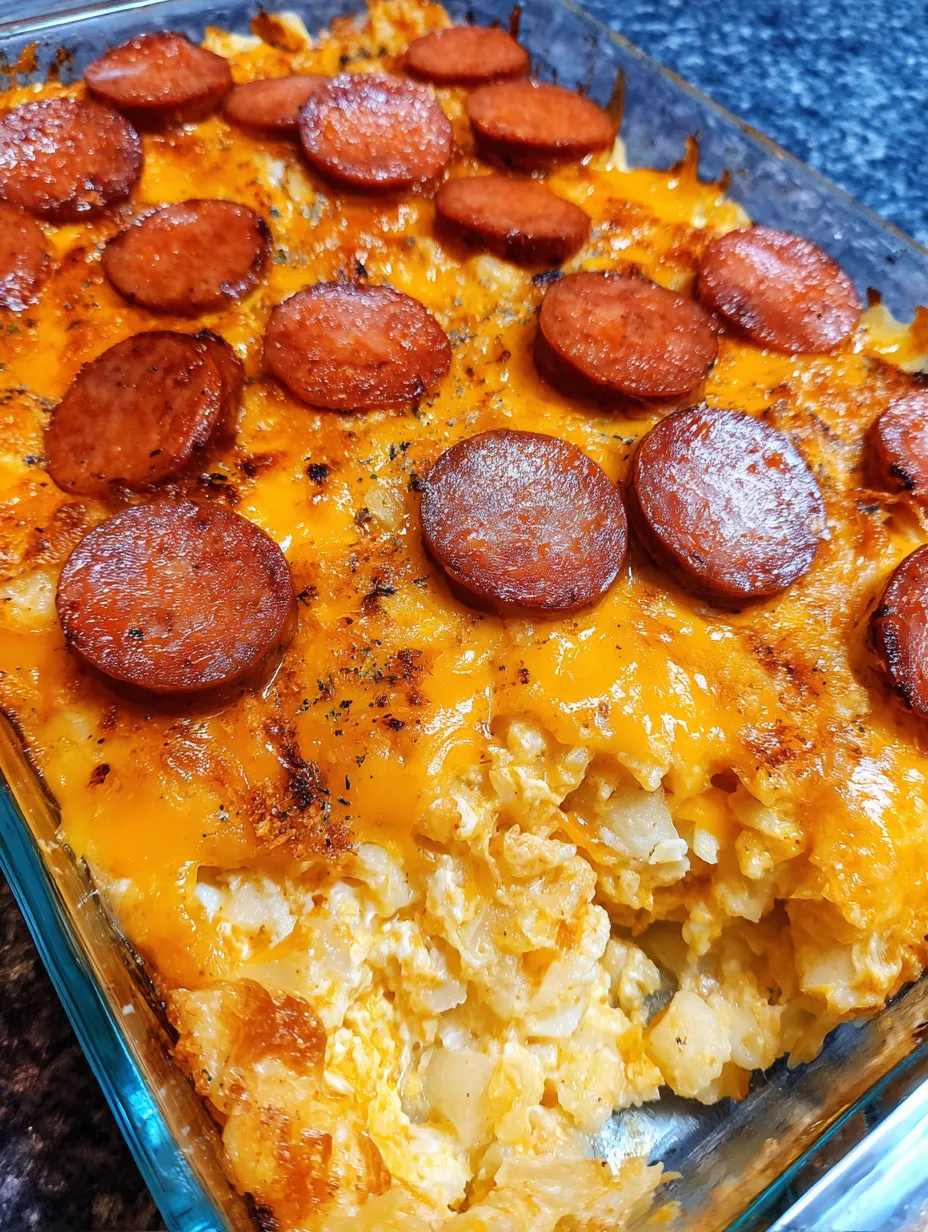 A bubbling sausage and cheese bake in close-up.