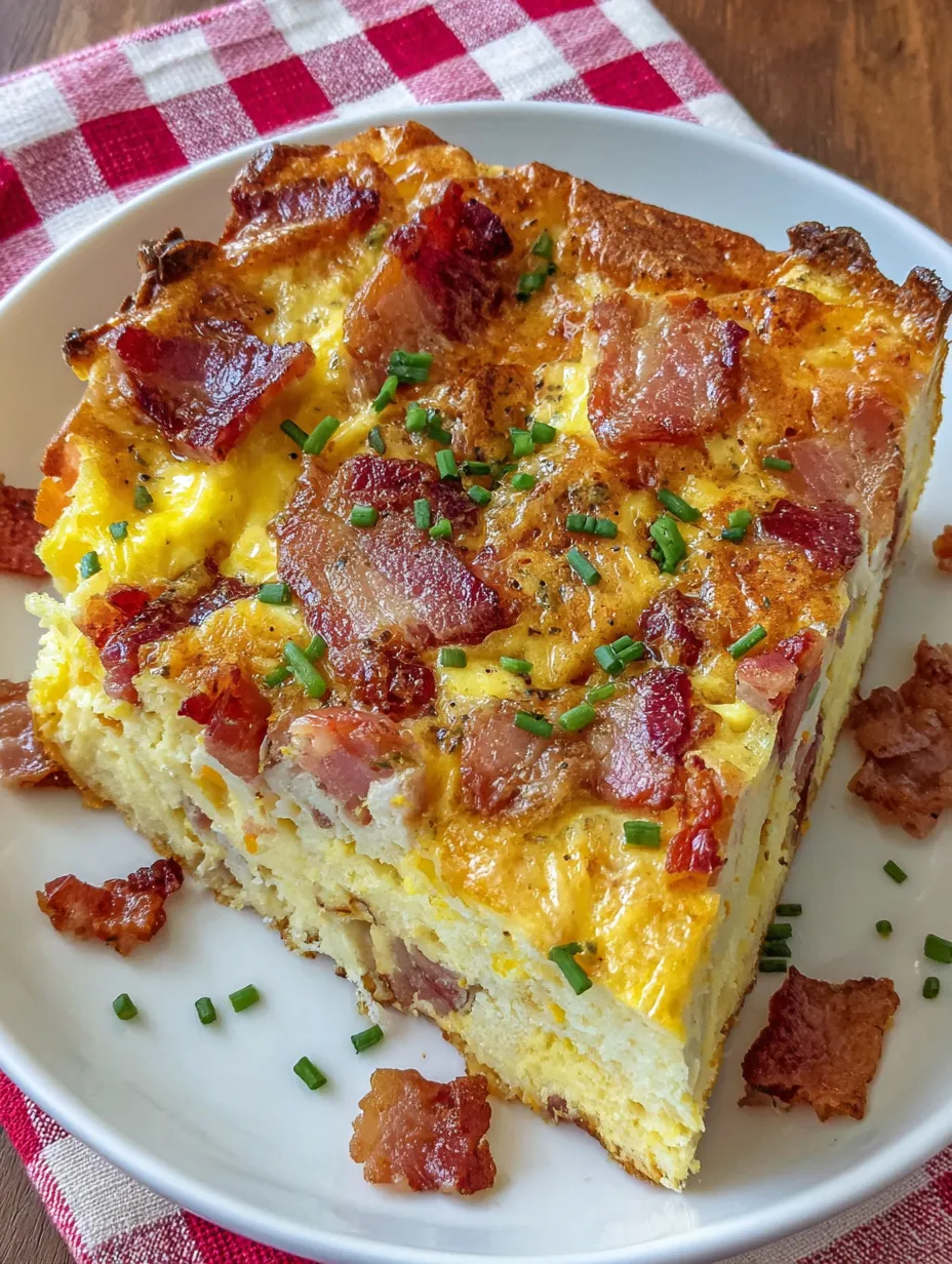 A single slice of bacon breakfast casserole.