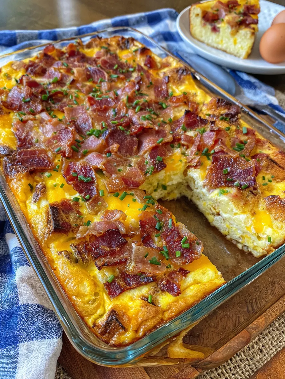 A close up shot of a bacon breakfast casserole.