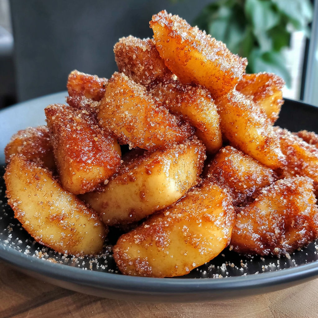 A plate of fried apples covered in sugar.