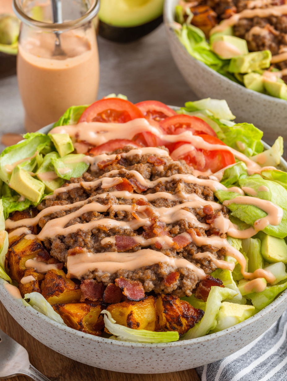 A bowl of salad with bacon and tomatoes.
