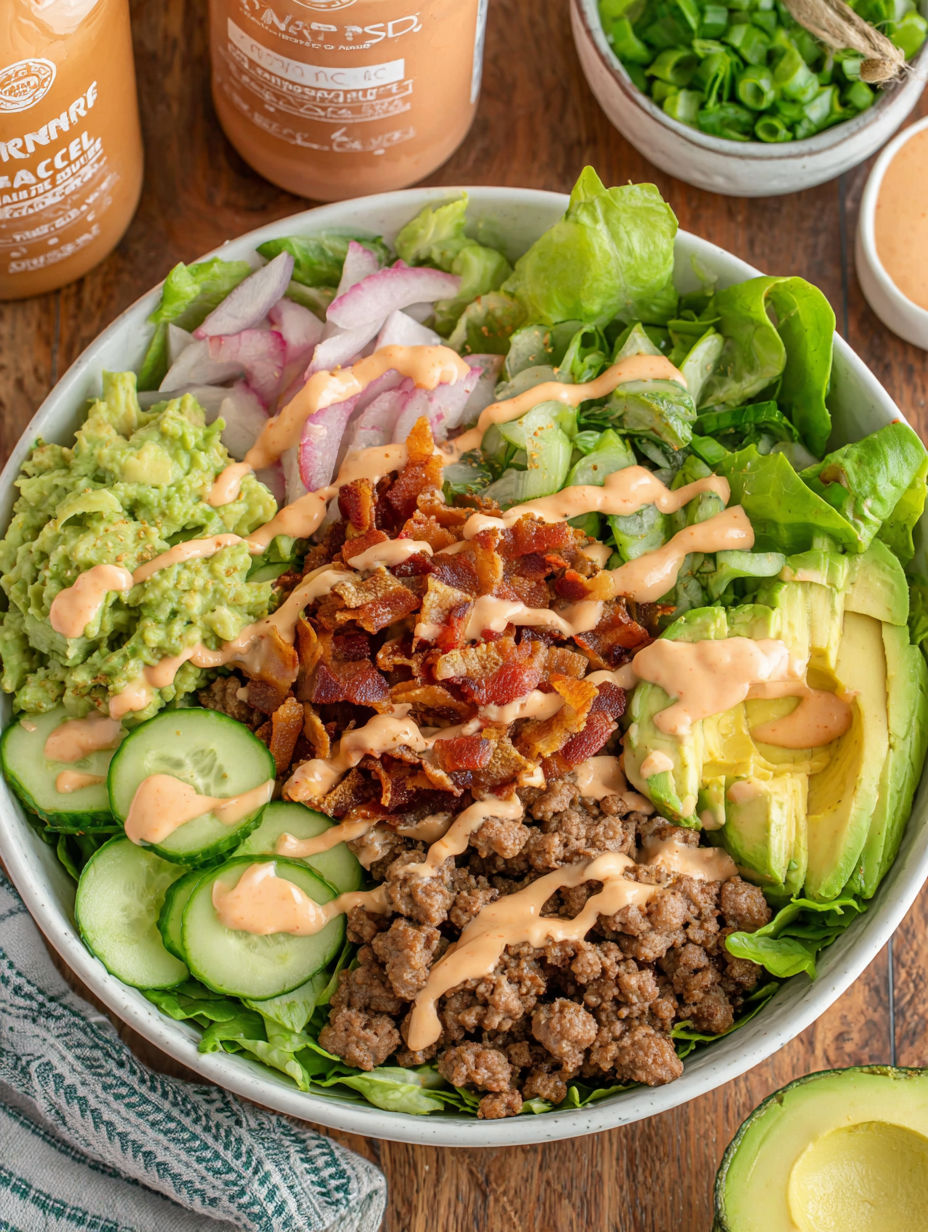 A bowl of salad with bacon, lettuce, tomatoes, and avocado.