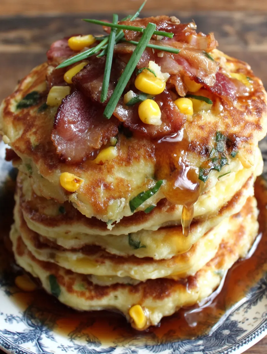 Griddle cakes with bacon and corn stacked on each other.
