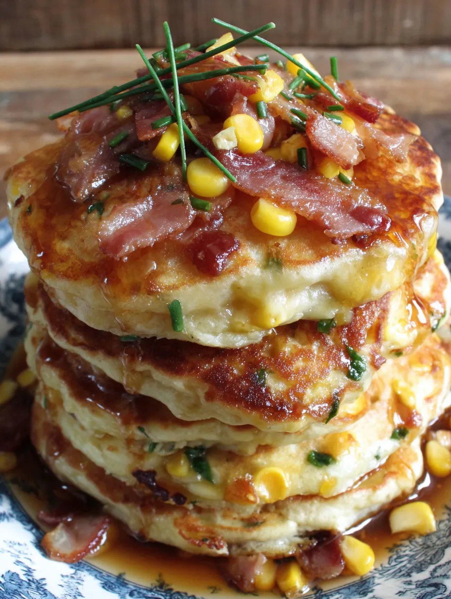 Stack of golden griddle cakes with bacon and corn on a plate.