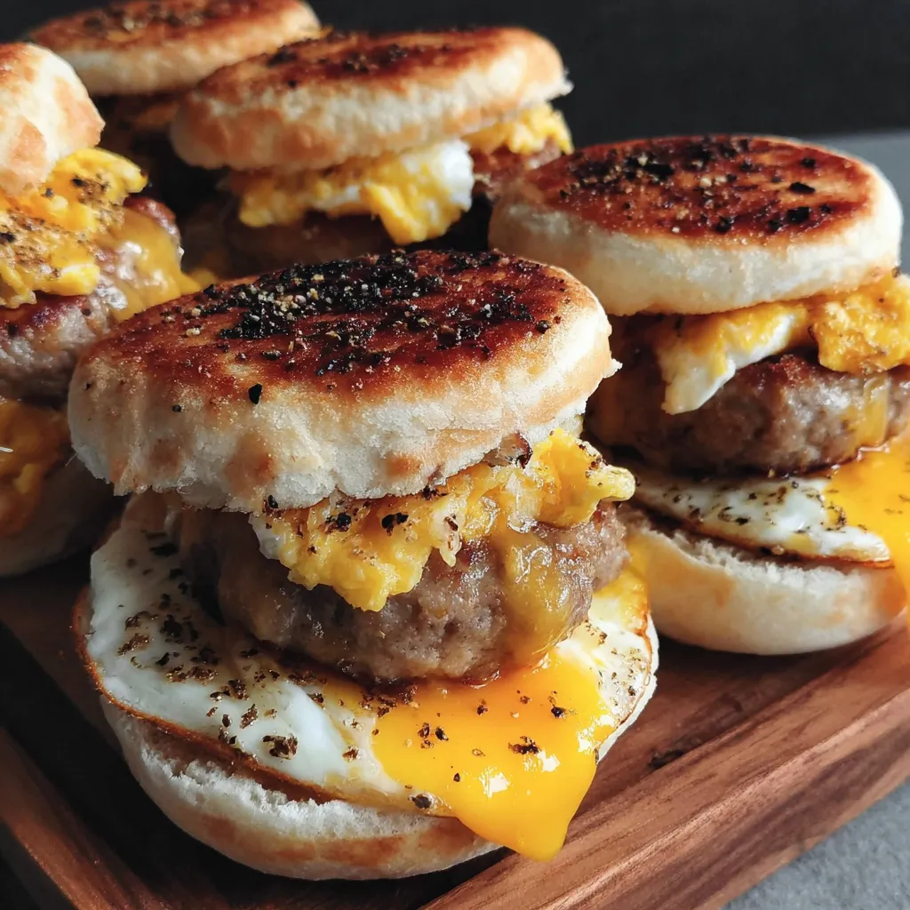 A delicious sandwich with sausage, egg, and cheese.