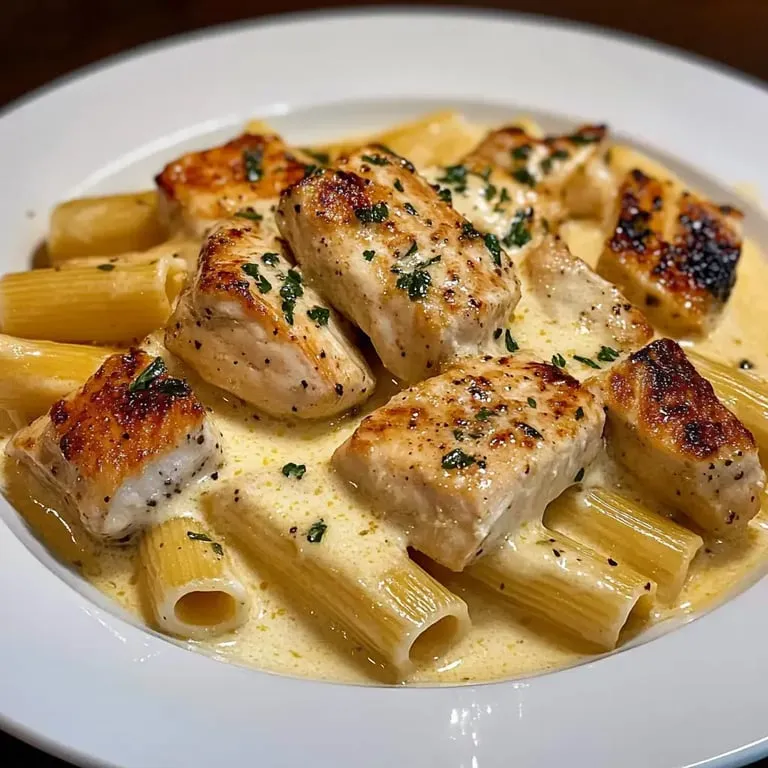 Plateful of chicken rigatoni with rich garlic Parmesan sauce.