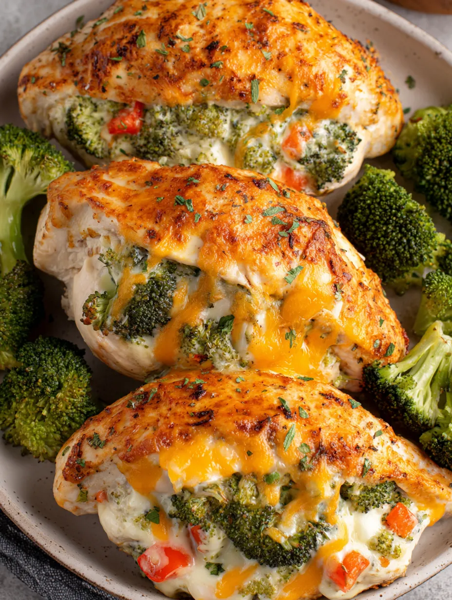 Broccoli and cheese stuffed chicken on a plate ready to dig in.