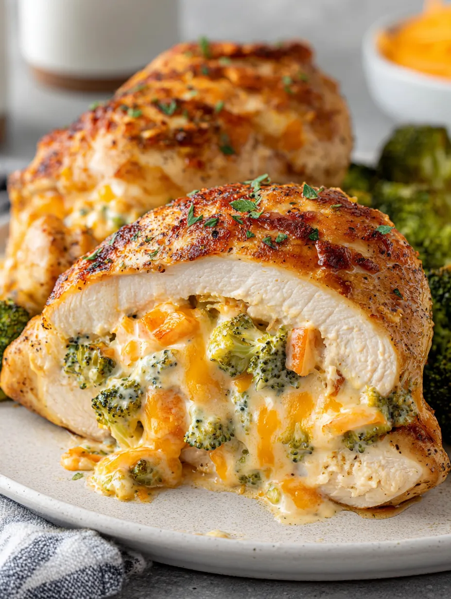 Juicy chicken loaded with broccoli and cheese on a dinner plate.