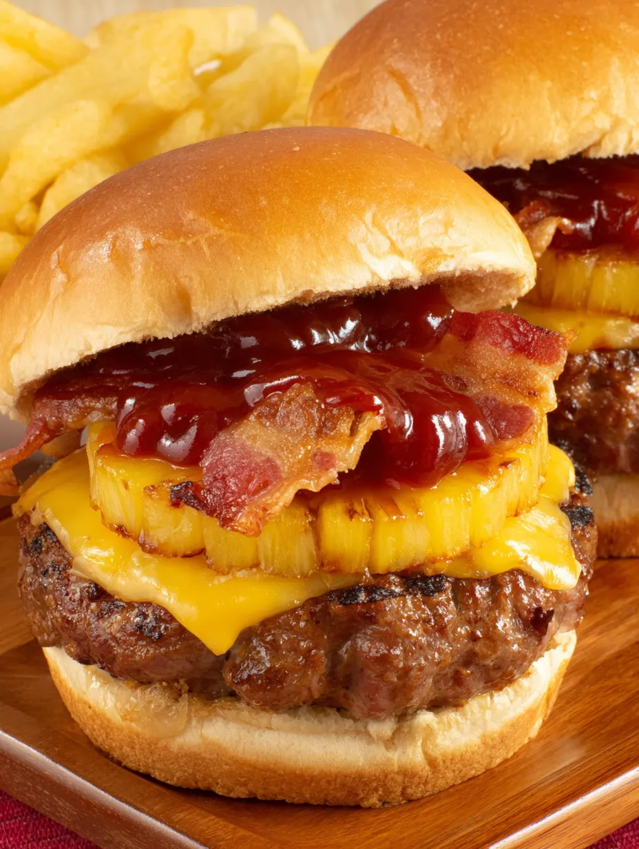 Close-up shot of a bacon pineapple burger with melty cheese.