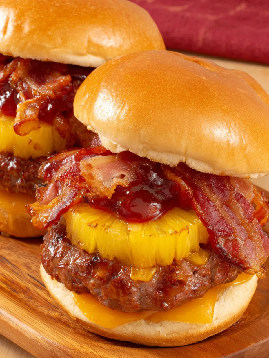 Two bacon and pineapple burgers on a wooden table.