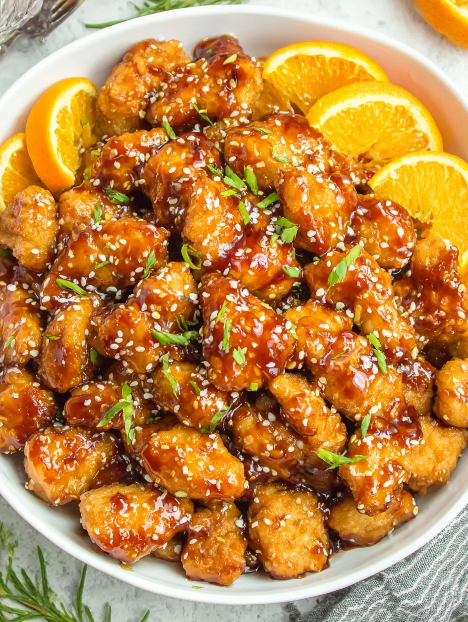A bowl loaded with homemade orange chicken, orange slices, and plenty of sticky sauce.