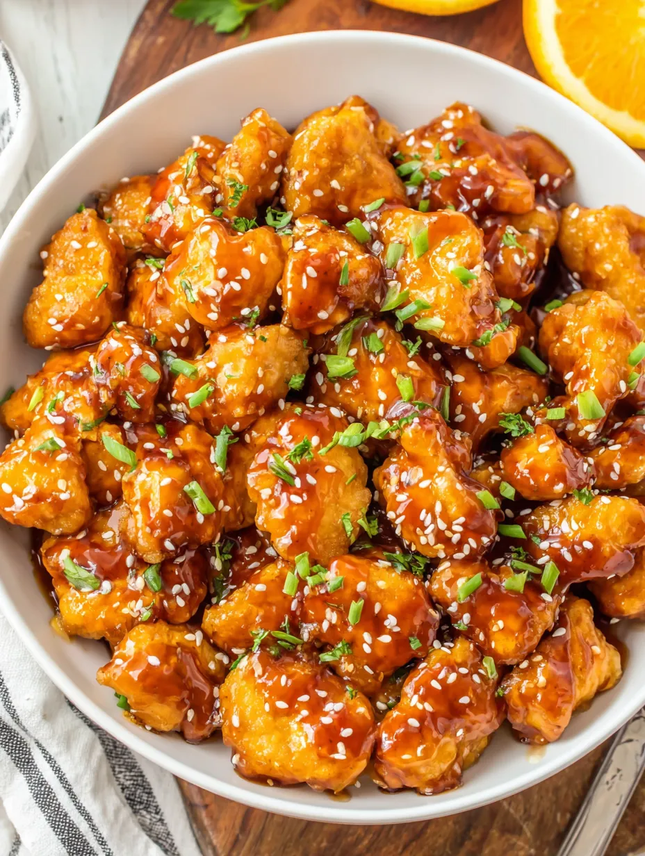 Homemade orange chicken in a bowl.