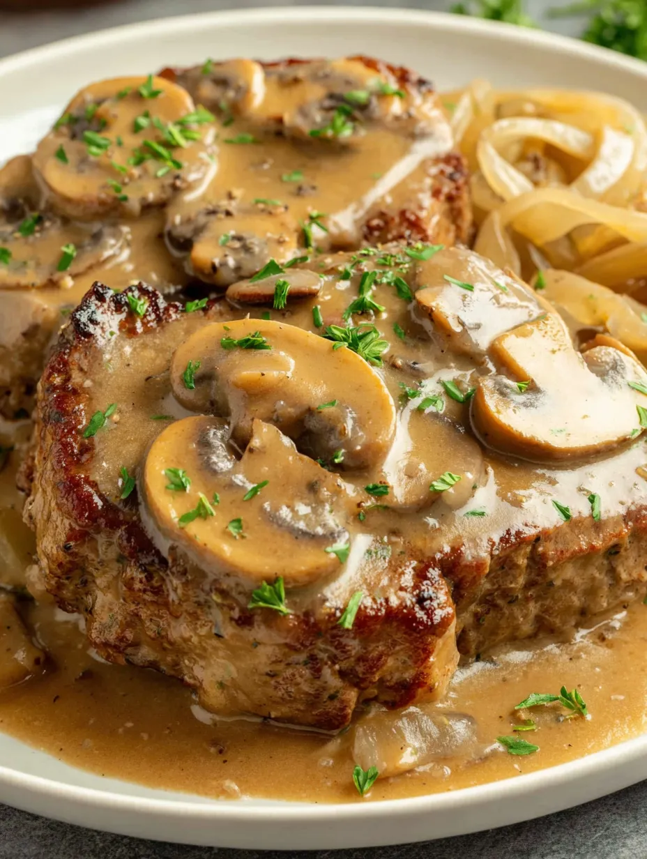 Juicy cube steak up close with hearty sauce.