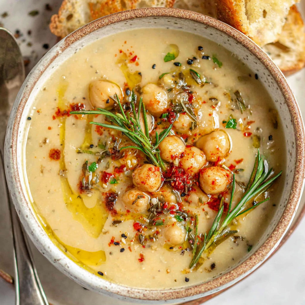 A bowl of garlic chickpea soup with a spoon in it.