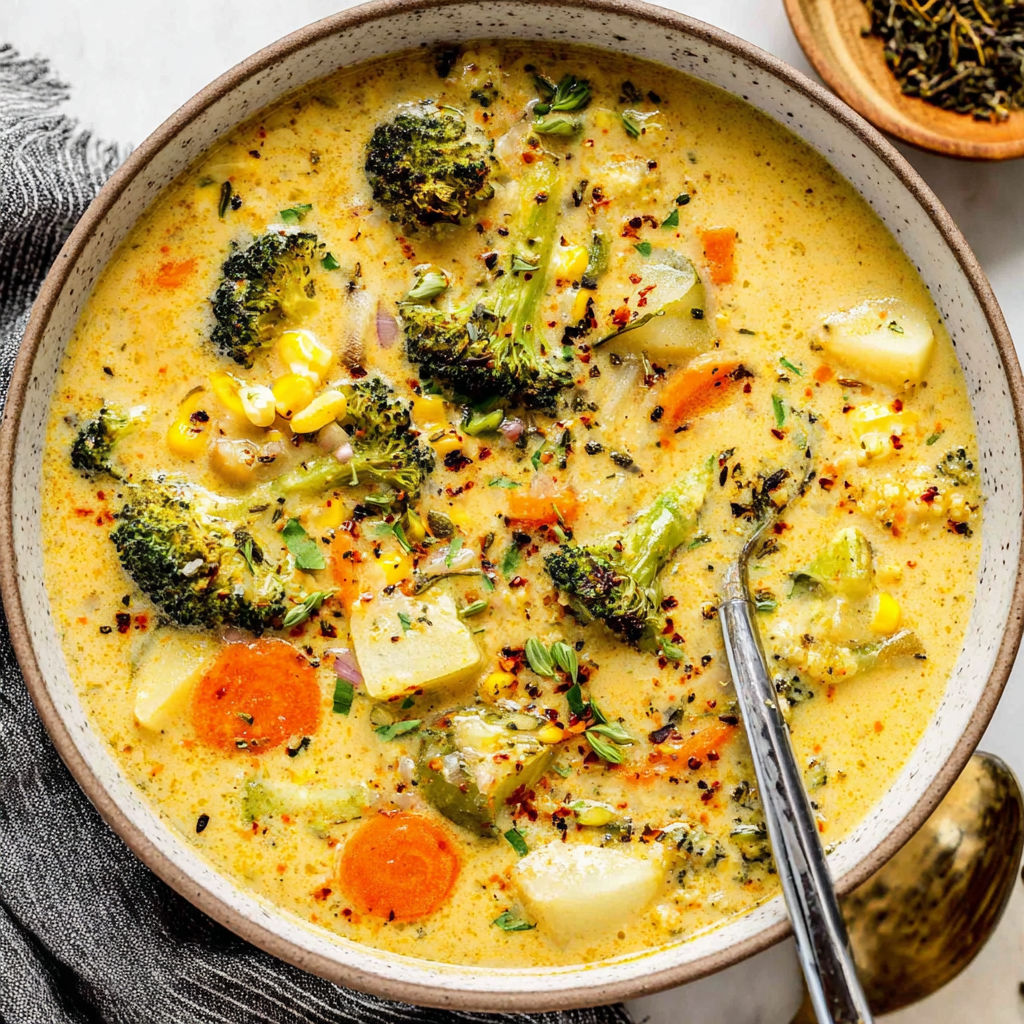 A bowl of soup with broccoli and carrots.