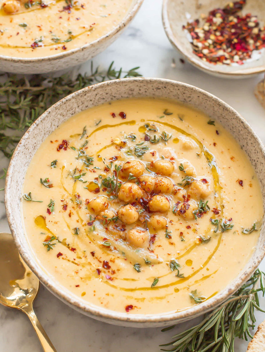 A bowl of garlic chickpea soup with a spoon in it.