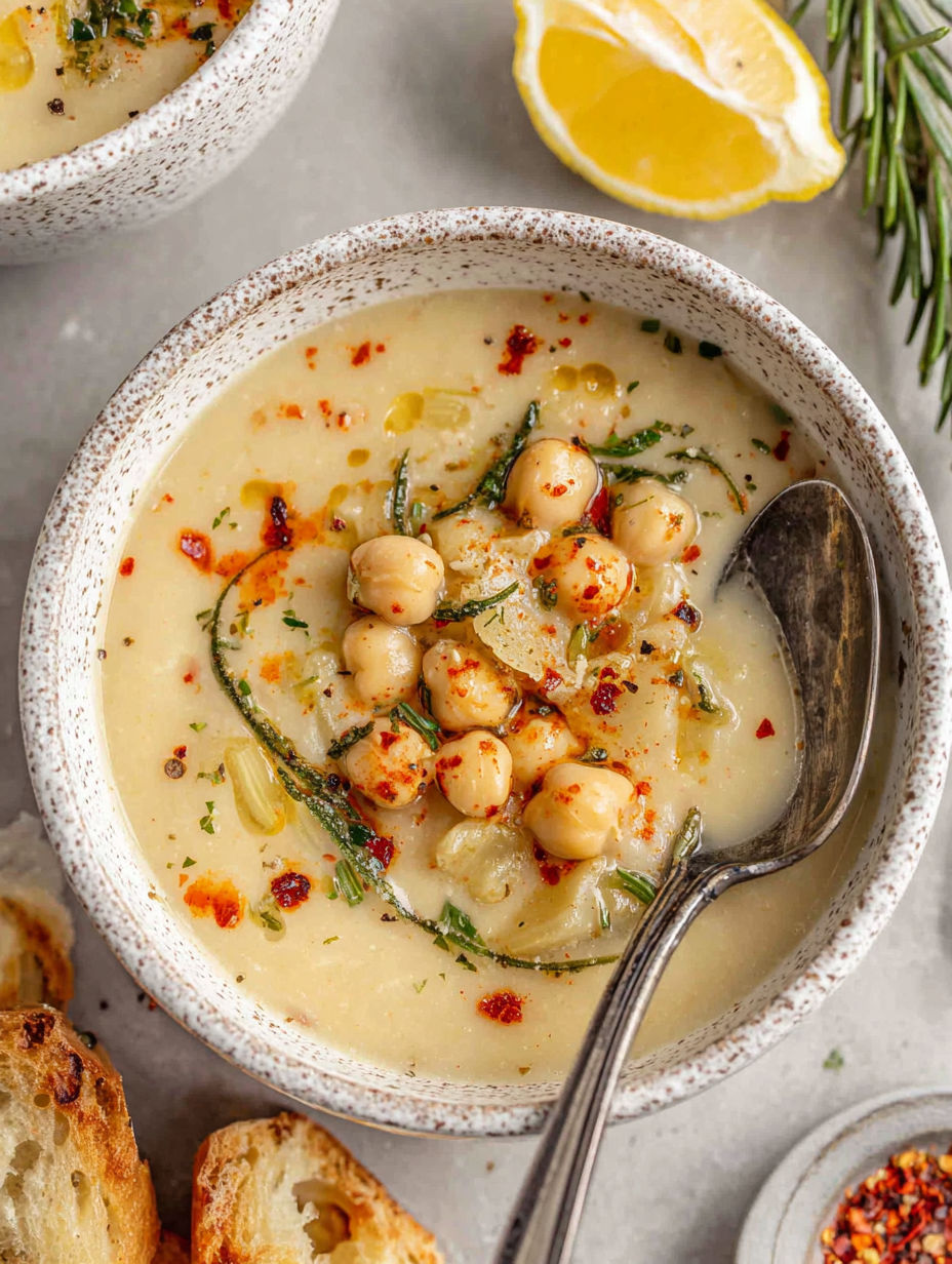 A bowl of soup with chickpeas and garlic.