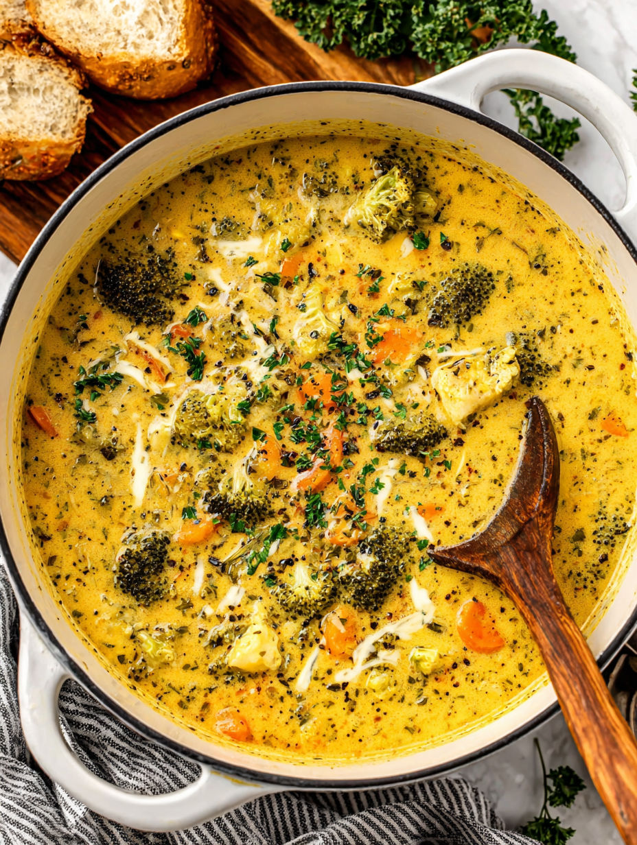 A bowl of soup with broccoli and carrots.