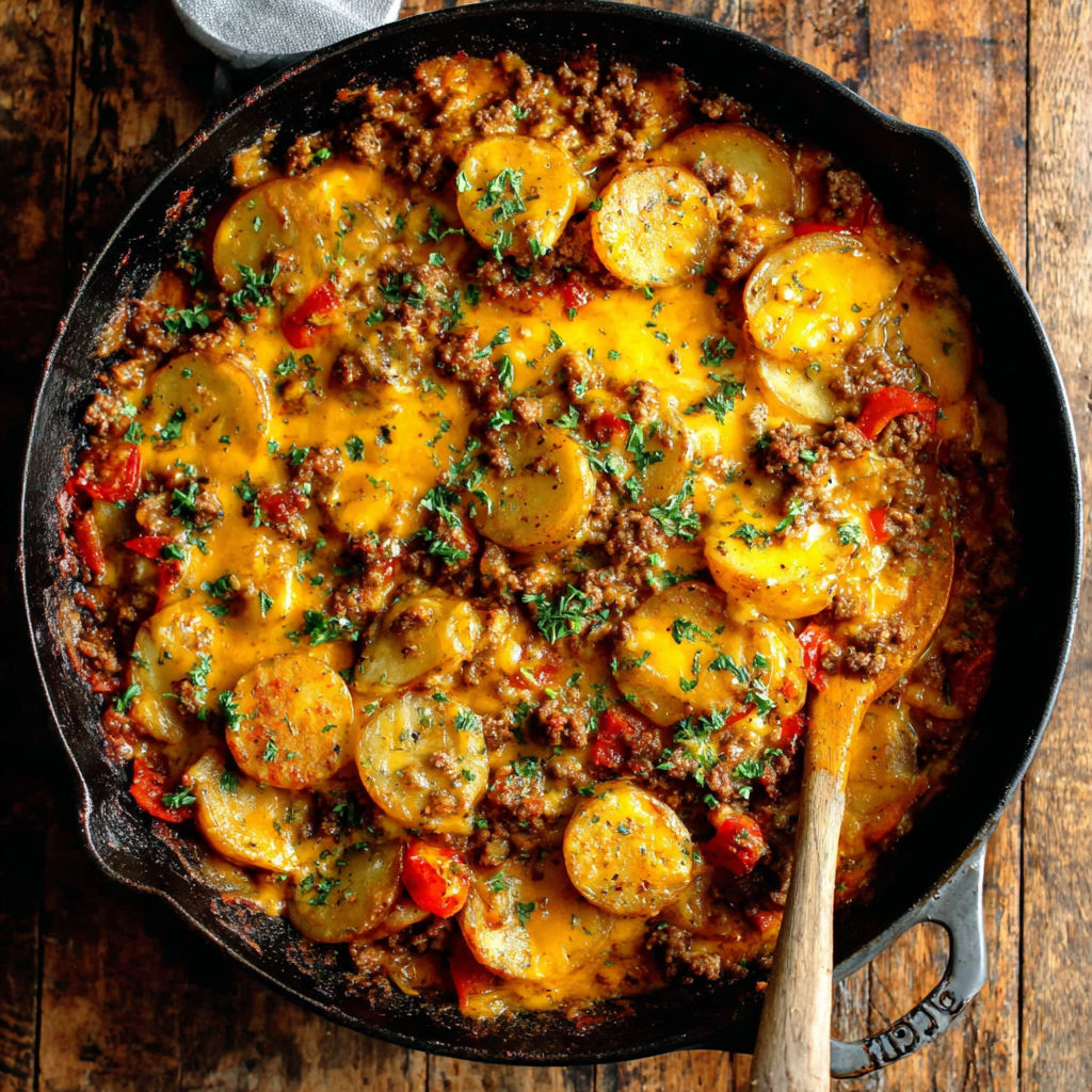 A delicious cheesy one pot beef and potatoes meal.