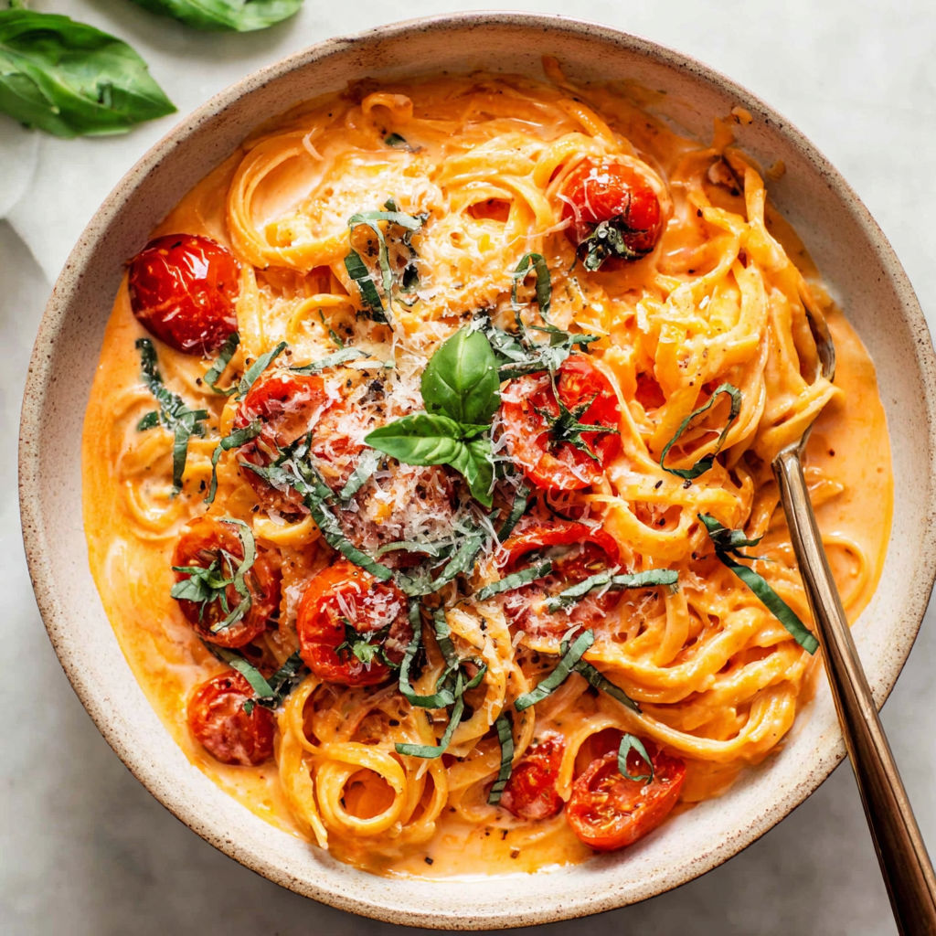 A bowl of pasta with tomatoes and cheese.