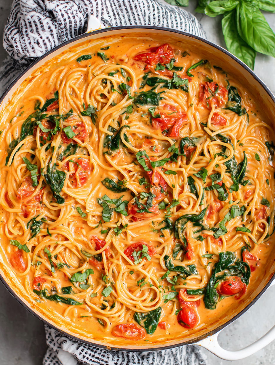 A bowl of pasta with tomatoes and spinach.