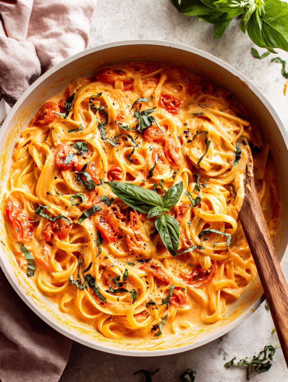 A bowl of pasta with tomatoes and basil.