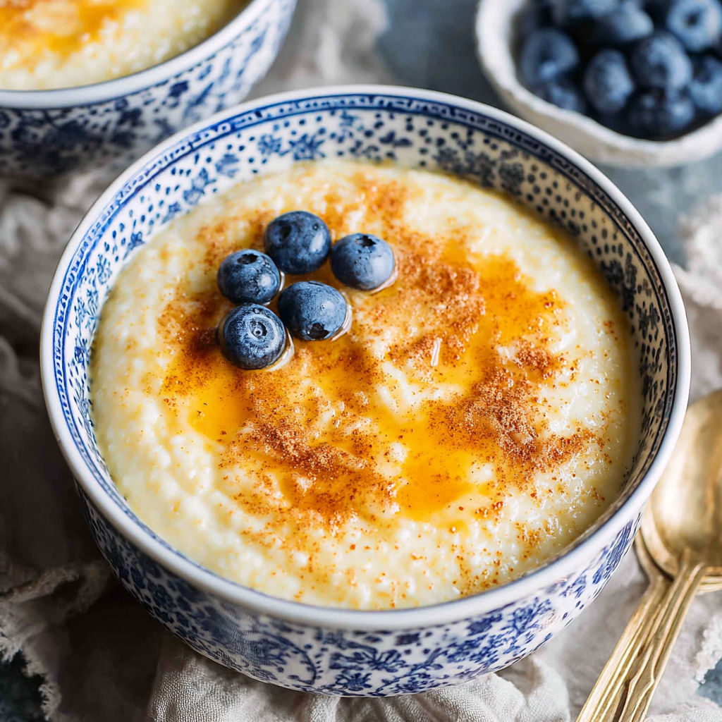 A bowl of rømmegrøt with blueberries on top.