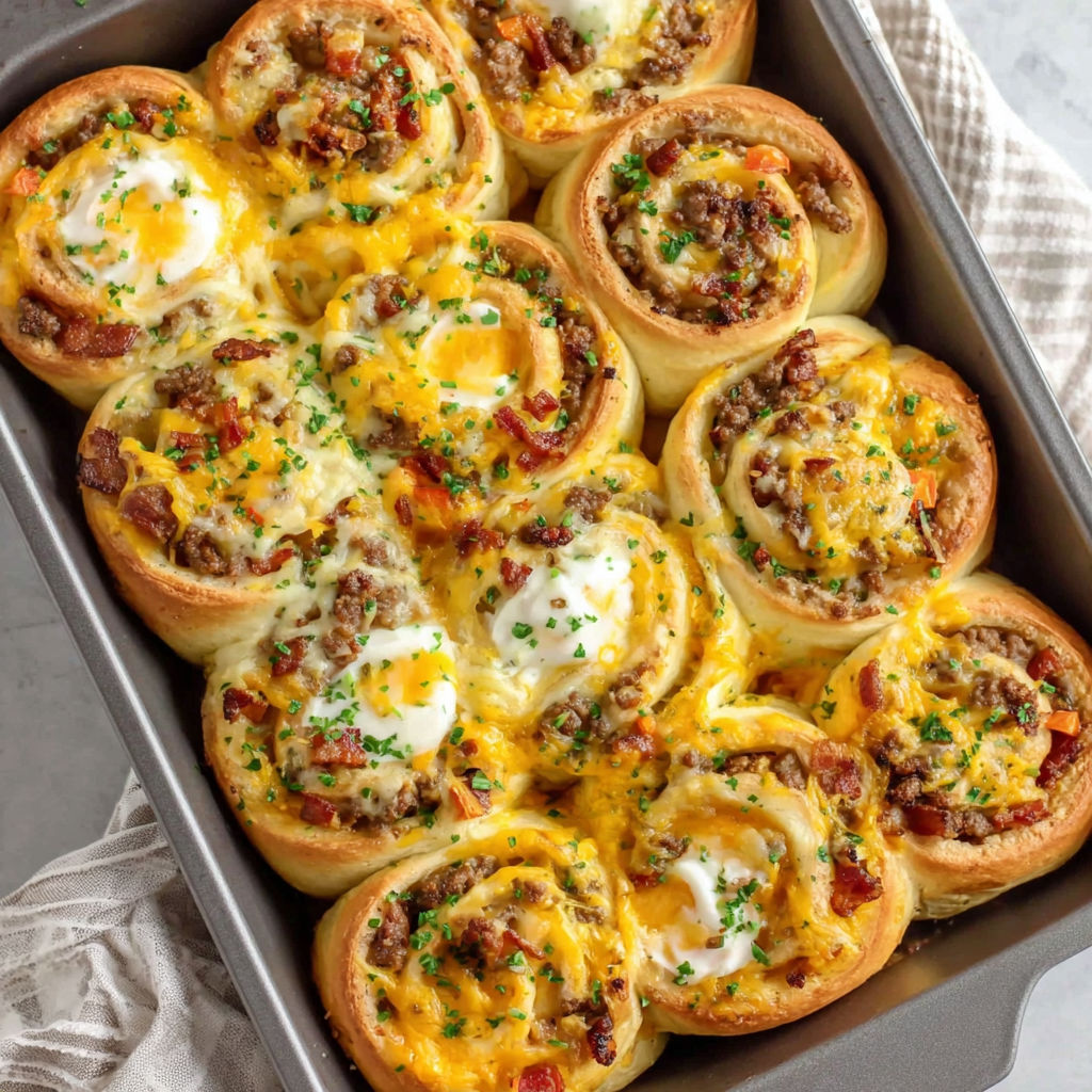 A pan of breakfast rolls with cheese and eggs.