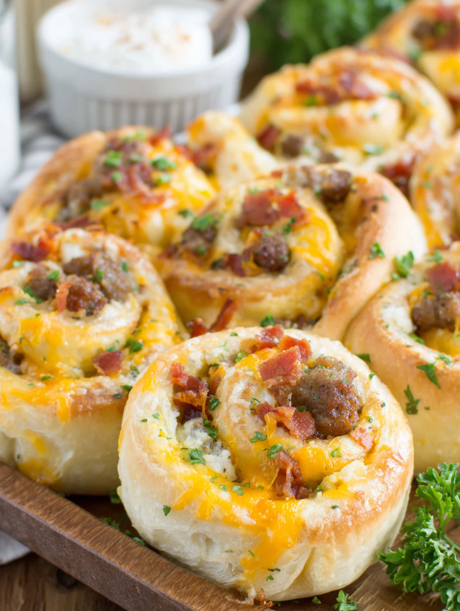 A plate of breakfast rolls filled with cheese and bacon.