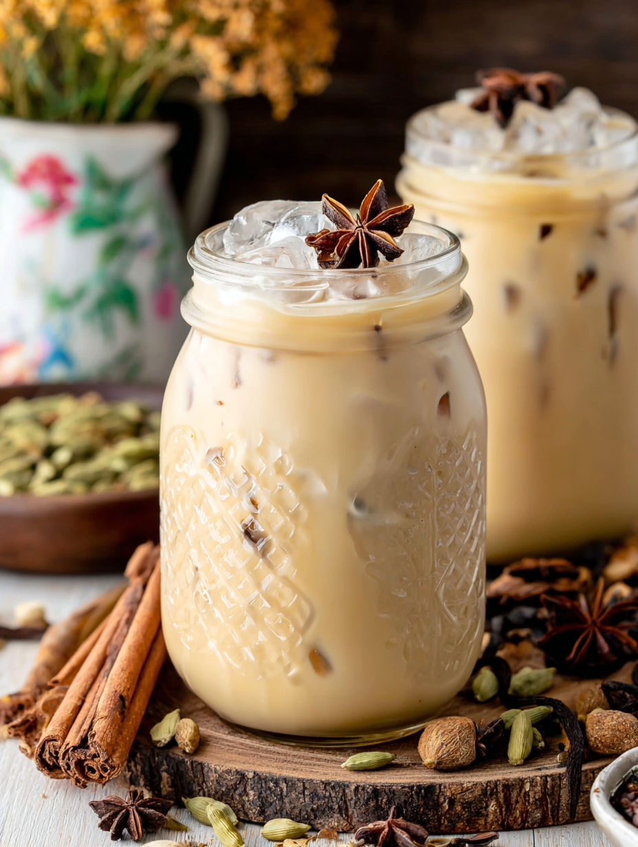 Two glass jars filled with a creamy drink.