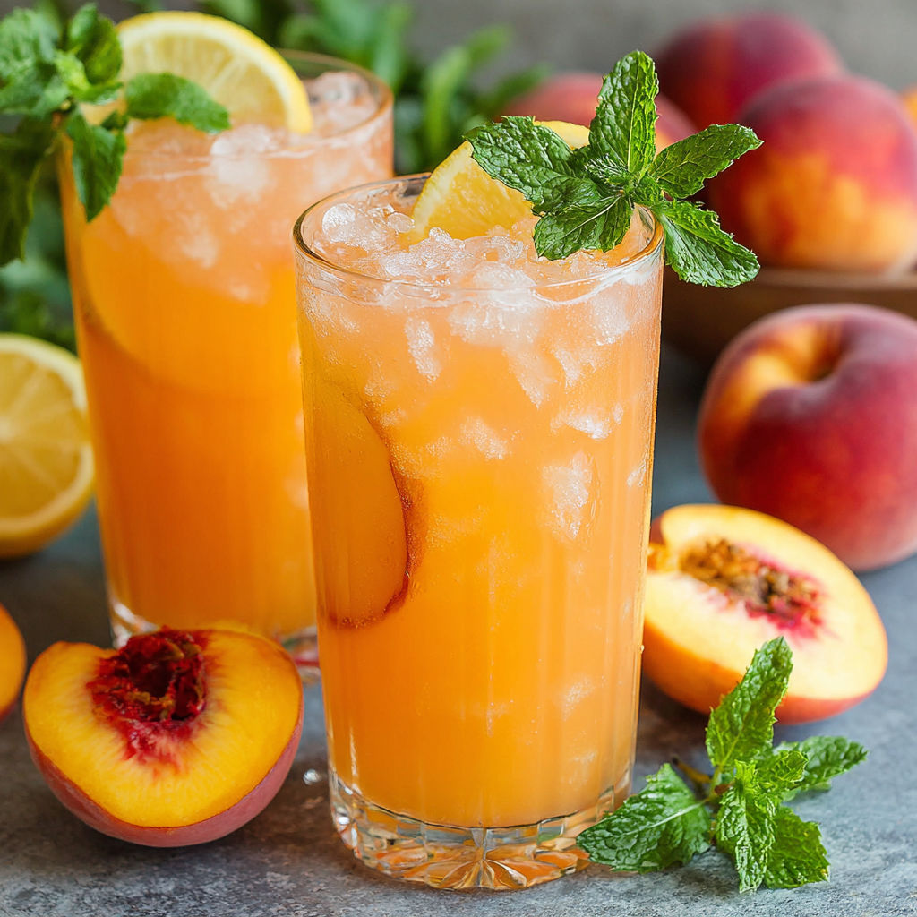 Two glasses of peach lemonade with peaches and mint leaves.