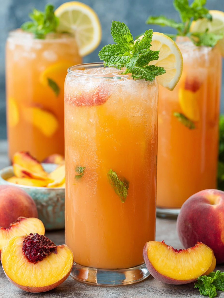 Two glasses of peach lemonade with sliced peaches and mint leaves.