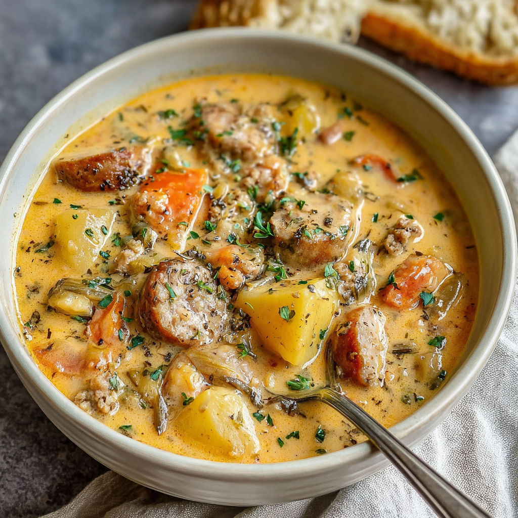 A bowl of potato and sausage chowder.
