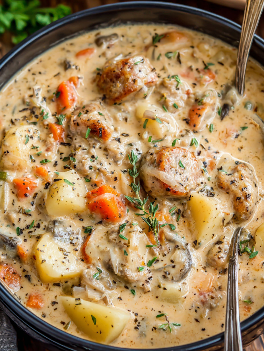 A bowl of potato and sausage chowder.