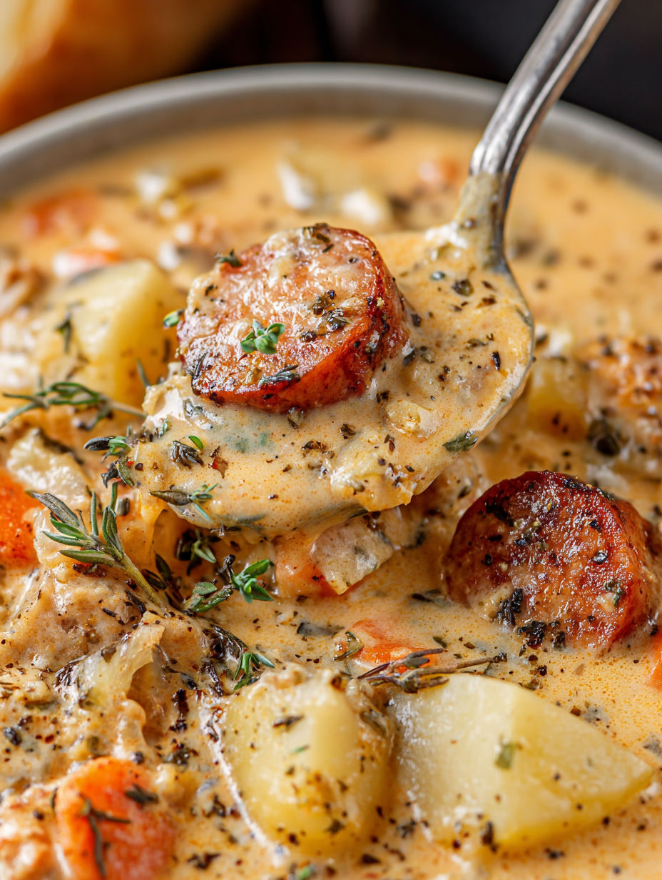 A spoon is in a bowl of potato and sausage chowder.