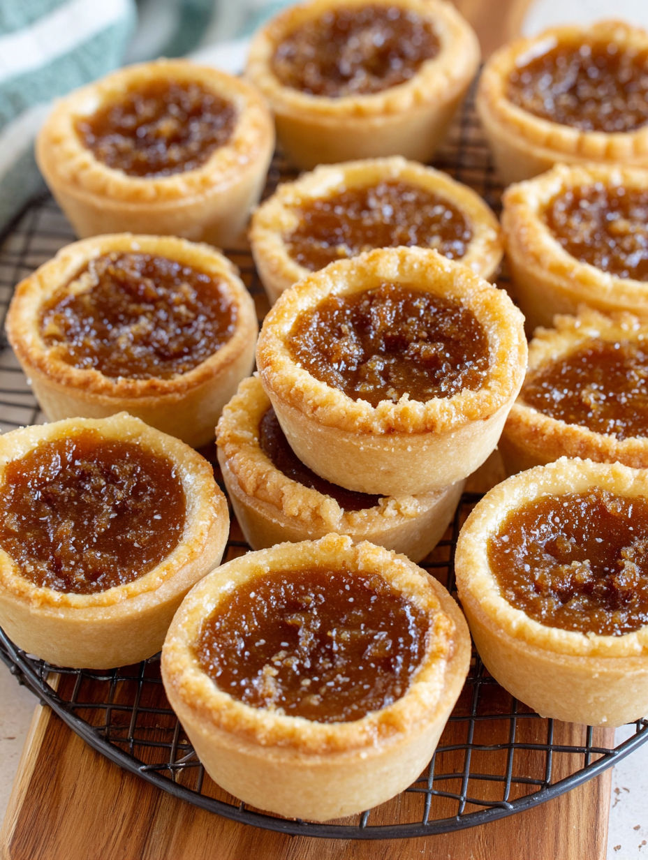 A tray of small pies with a brown filling.