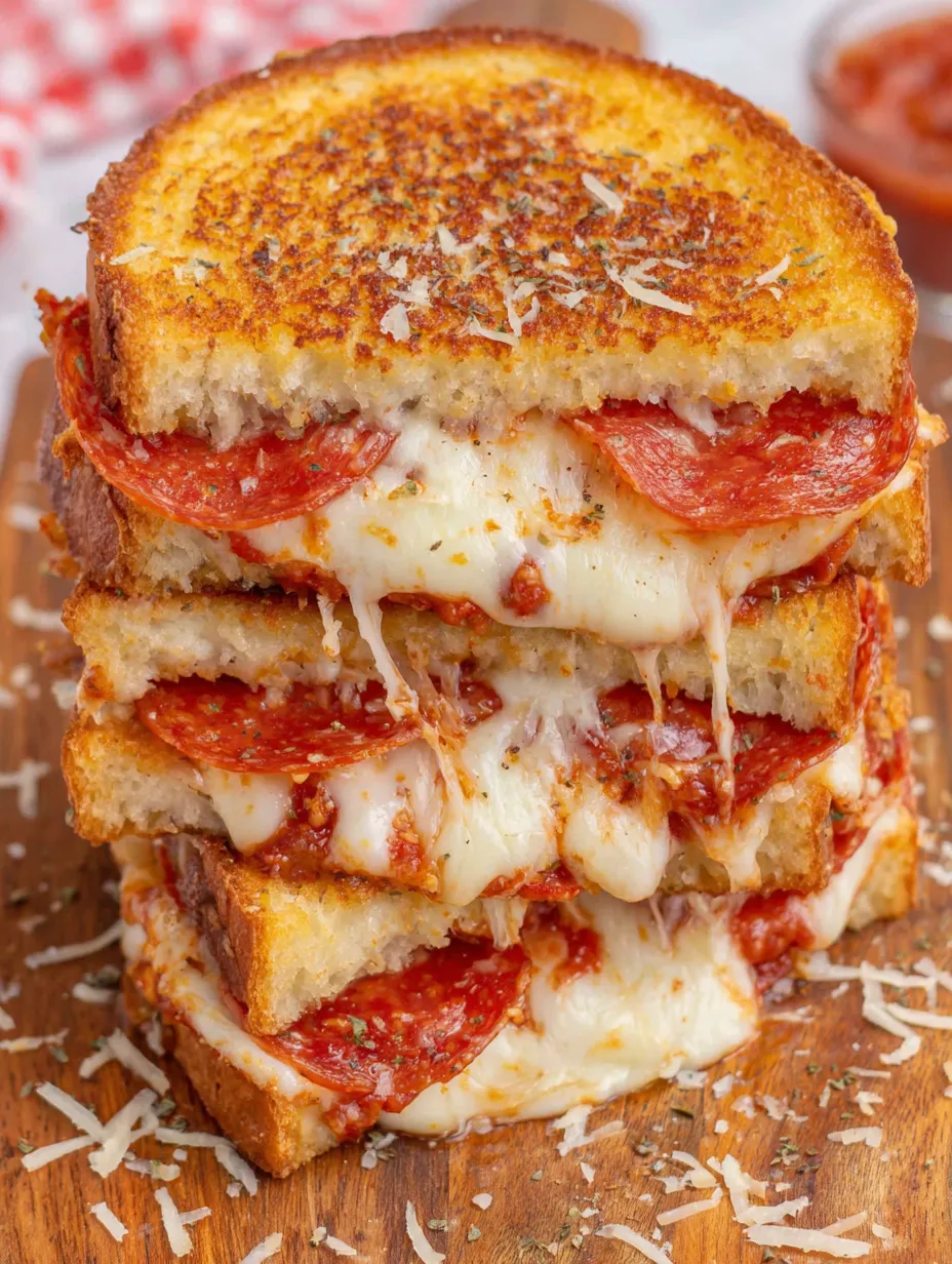 Several grilled cheese sandwiches stacked high with pepperoni showing.