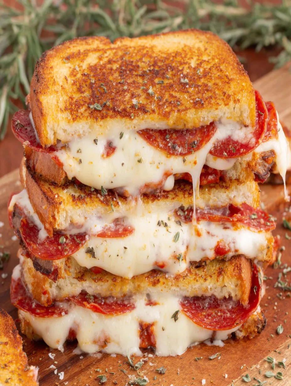 Several grilled cheese sandwiches stacked high with pepperoni showing.