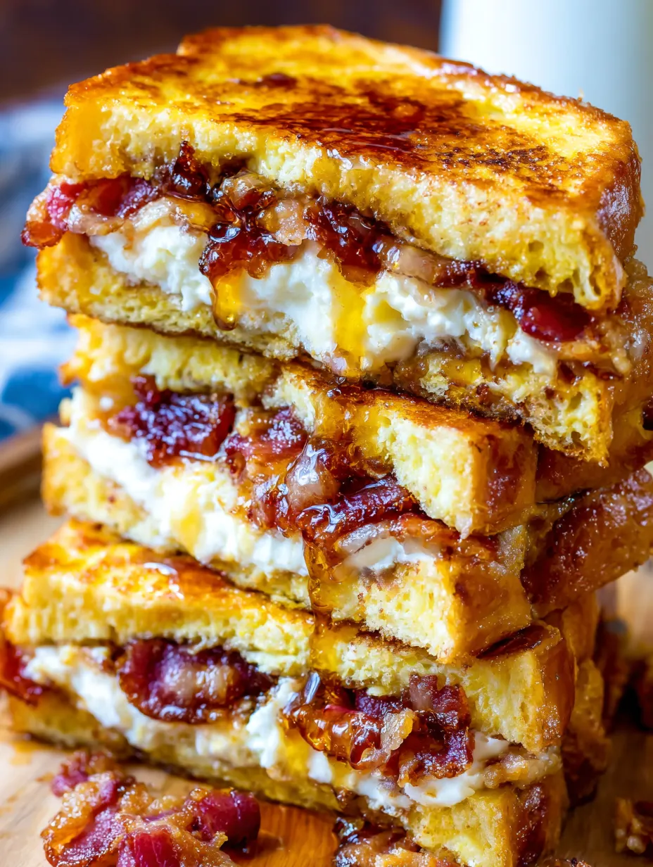 Stack of stuffed French toast showing bacon and filling.