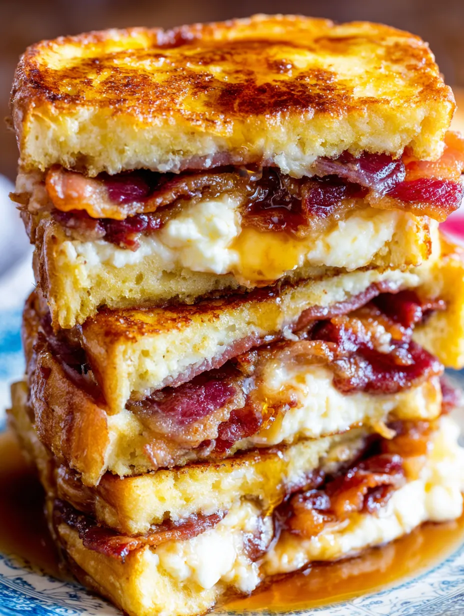 Bacon stuffed French toast with melted filling.