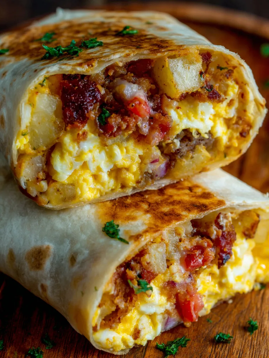 A breakfast burrito with bacon, eggs, and cheese.