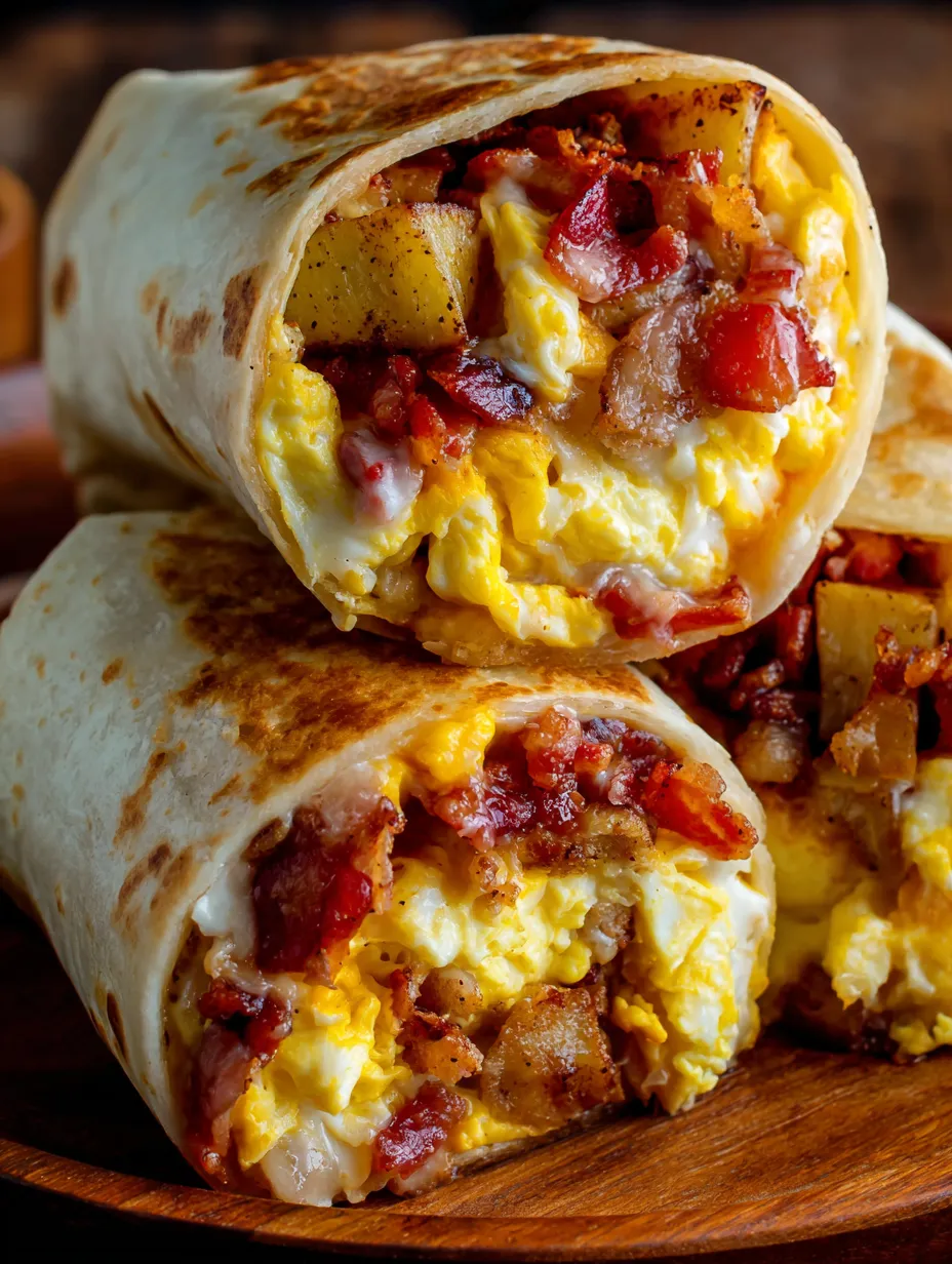 A breakfast burrito filled with bacon, eggs, and cheese.