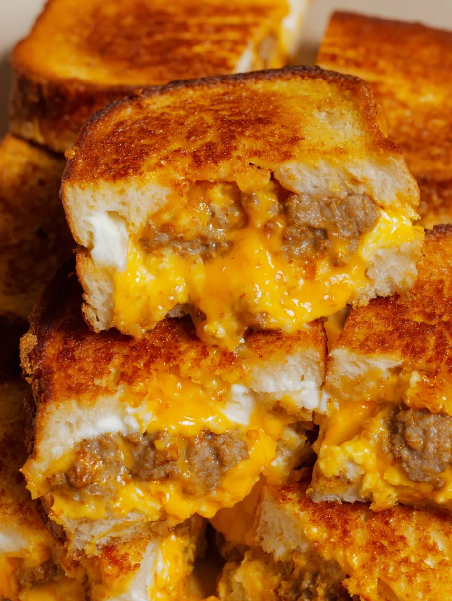 Thick grilled cheese sandwich stuffed with savory sausage and eggs.