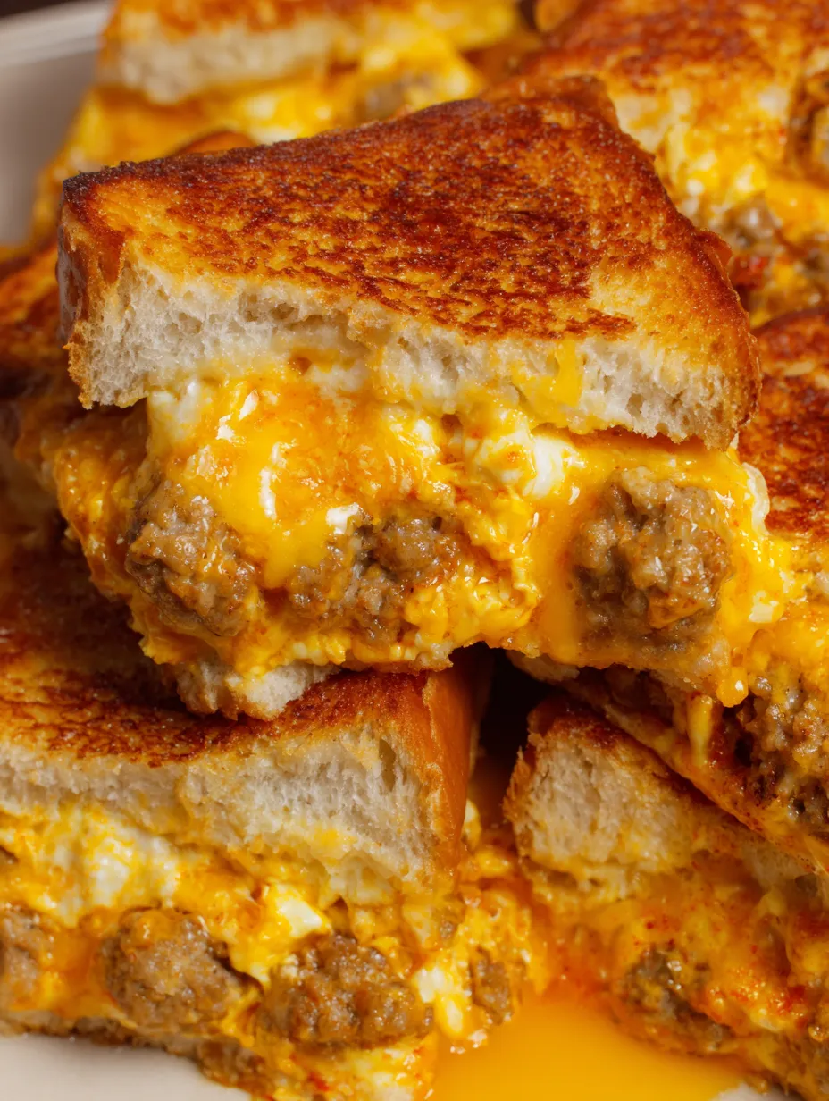 A stack of grilled cheese sandwiches loaded with sausage and scrambled eggs.